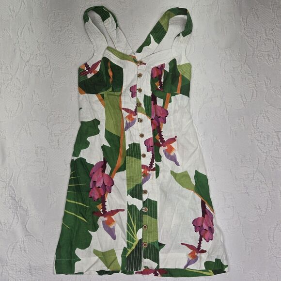 Farm Rio Womens White Tropicalistic Linen Button Mini Dress Medium Floral Beachy - Picture 3 of 13